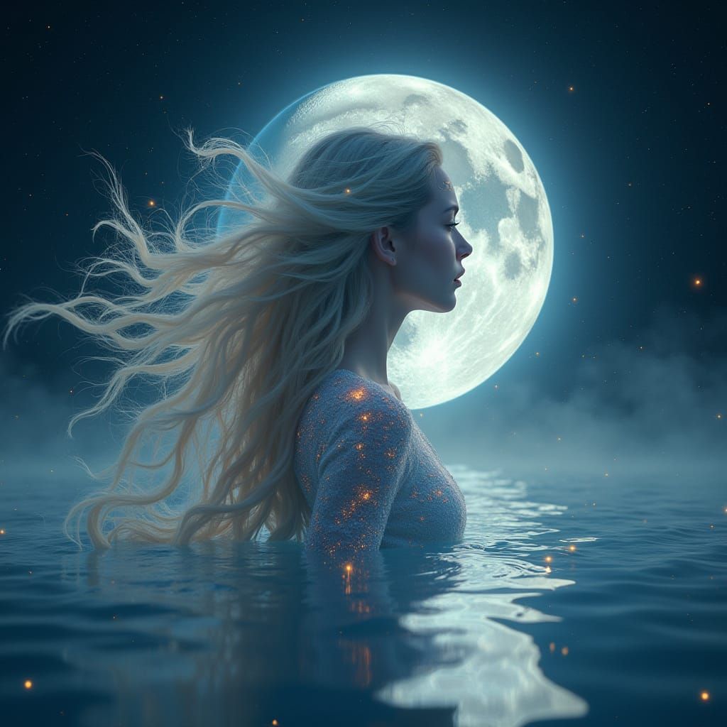 Luminous Celestial Goddess in Shimmering Silver Ocean