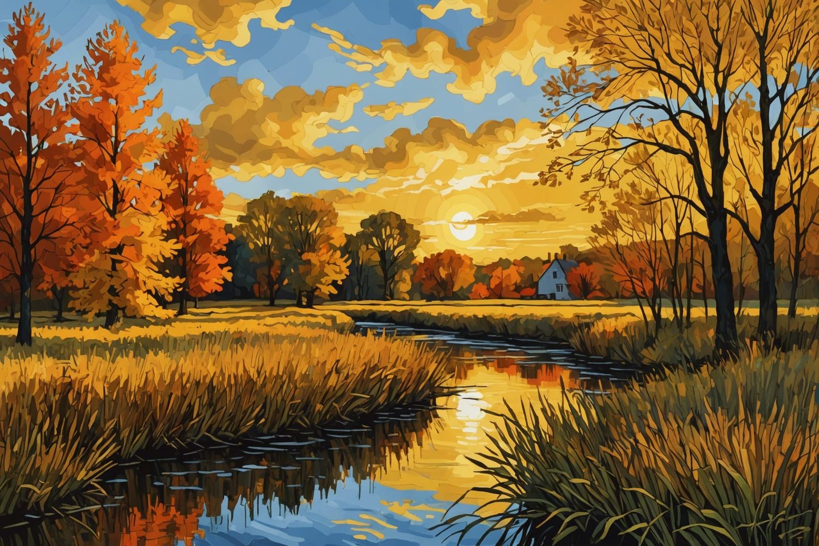 Impressionist Sunset Creek Painting with Volumetric Lighting