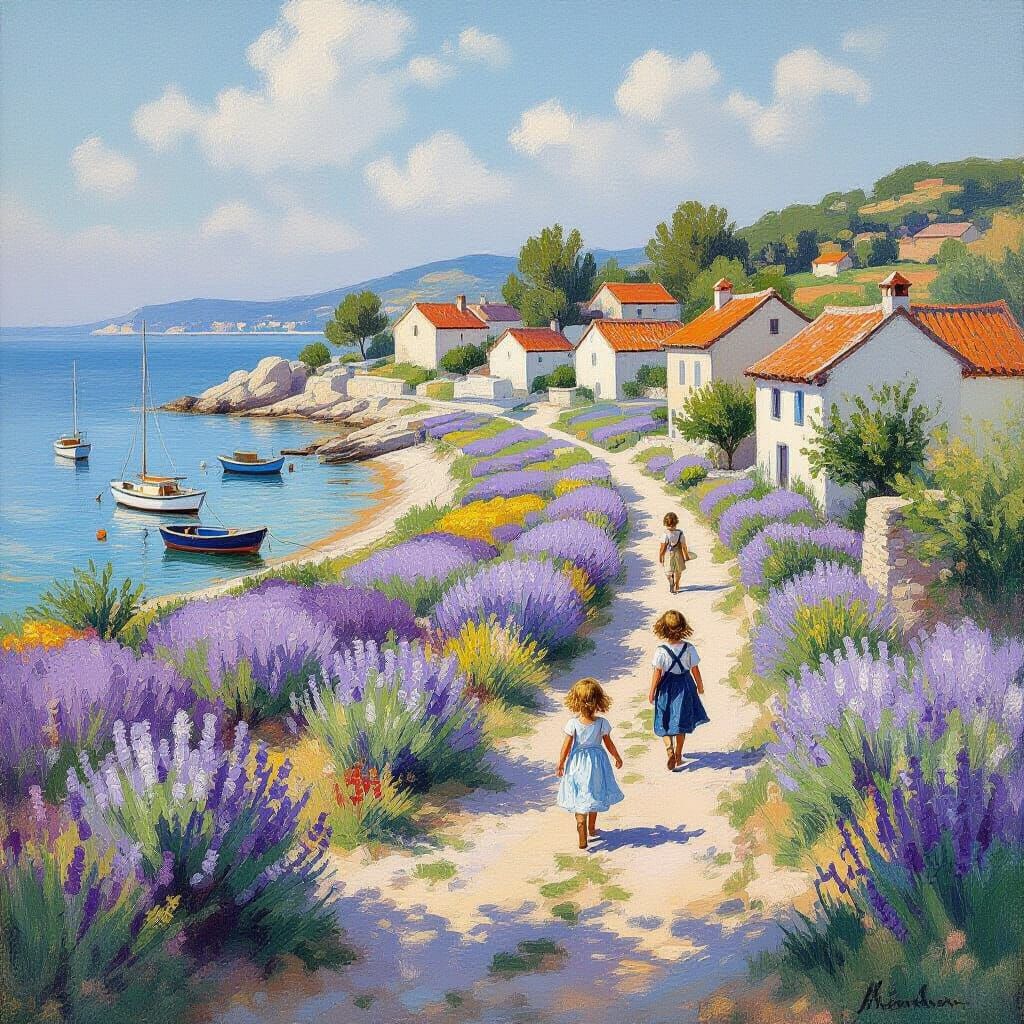 Impressionistic Island Village with Floral Fields