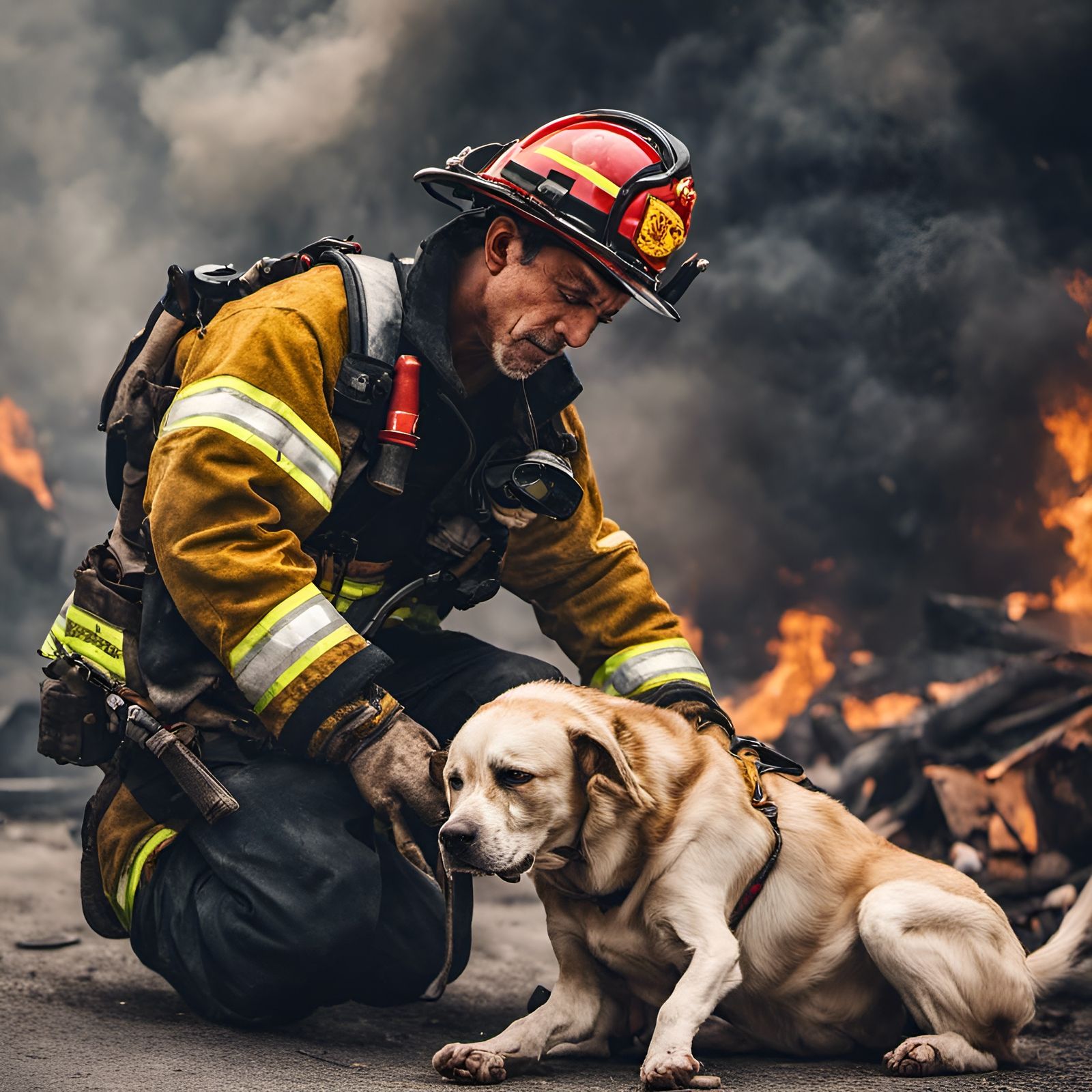 Firefighter Rescuing Dog: Photorealistic Action Shot