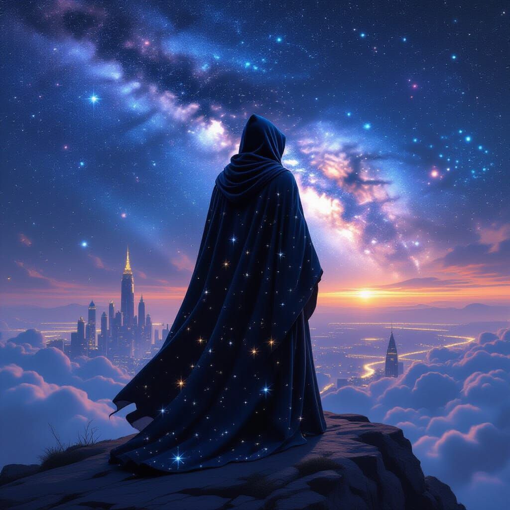 Starry Figure Overlooking Cosmic Metropolis