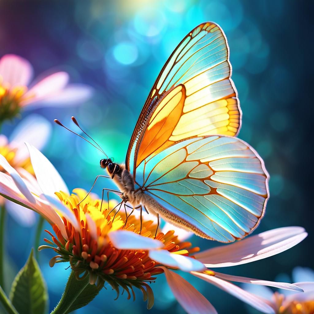 Fluorescent Butterfly on Iridescent Flower: Hyperrealistic D...