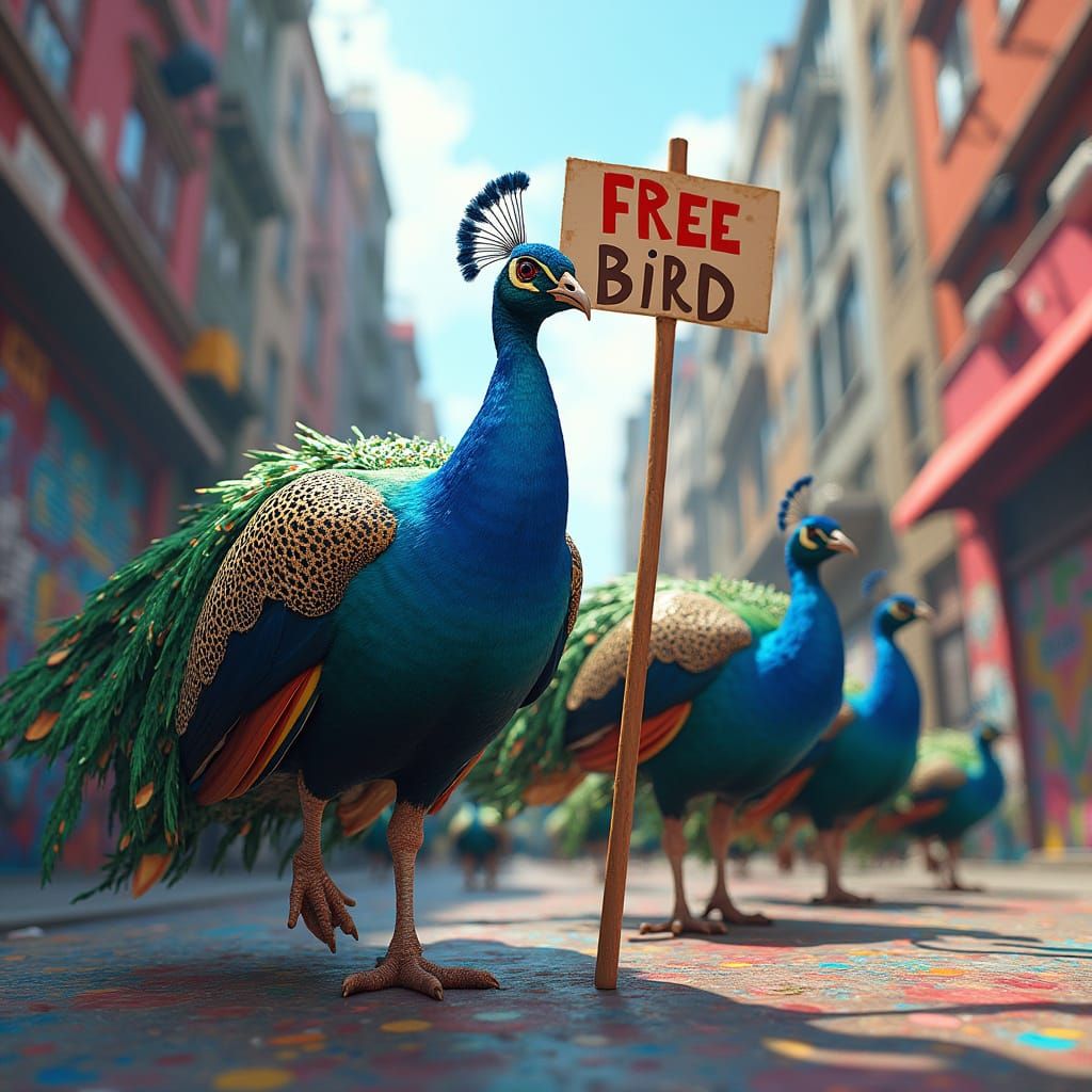 Vibrant Peacocks March in Urban Scene, Free Bird Sign Held H...