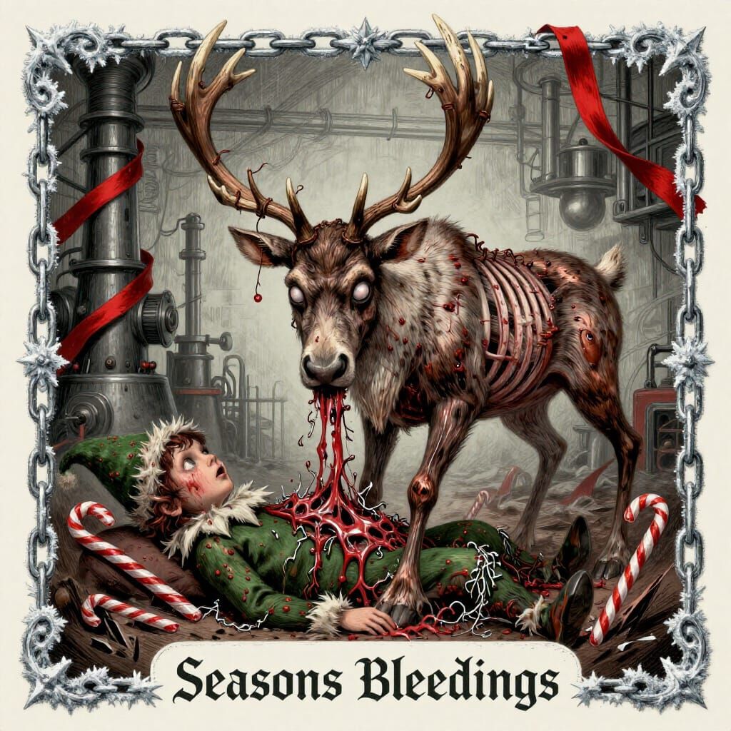 Grotesque Victorian Christmas Reindeer Card in Mork Borg Sty...
