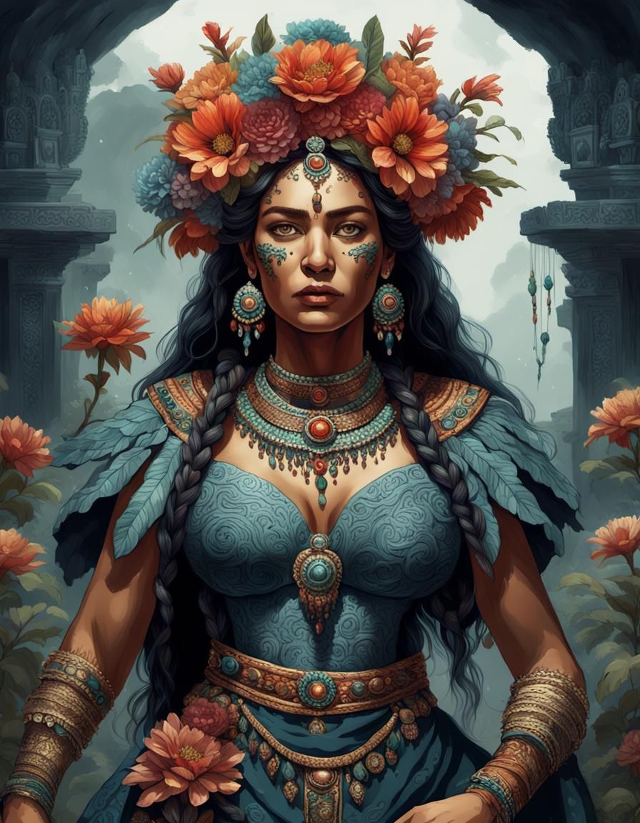 Mayan beautiful woman with massive body with flowers dress,lace and jewels, digital paint,8k resolution concept art
