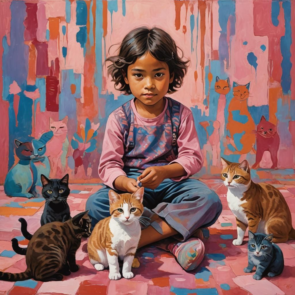 Native Child Plays with Cats in Dreamlike Color Field