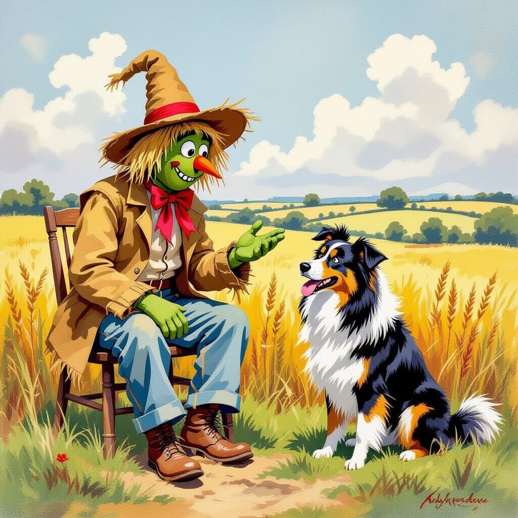 Worzel Gummidge (Jon Pertwee), scarecrow, giving advice to a...