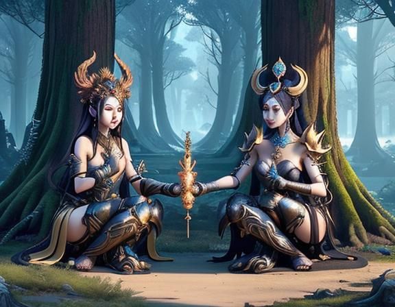 Anime Goddesses in Ancient Forest: Unreal Engine Render