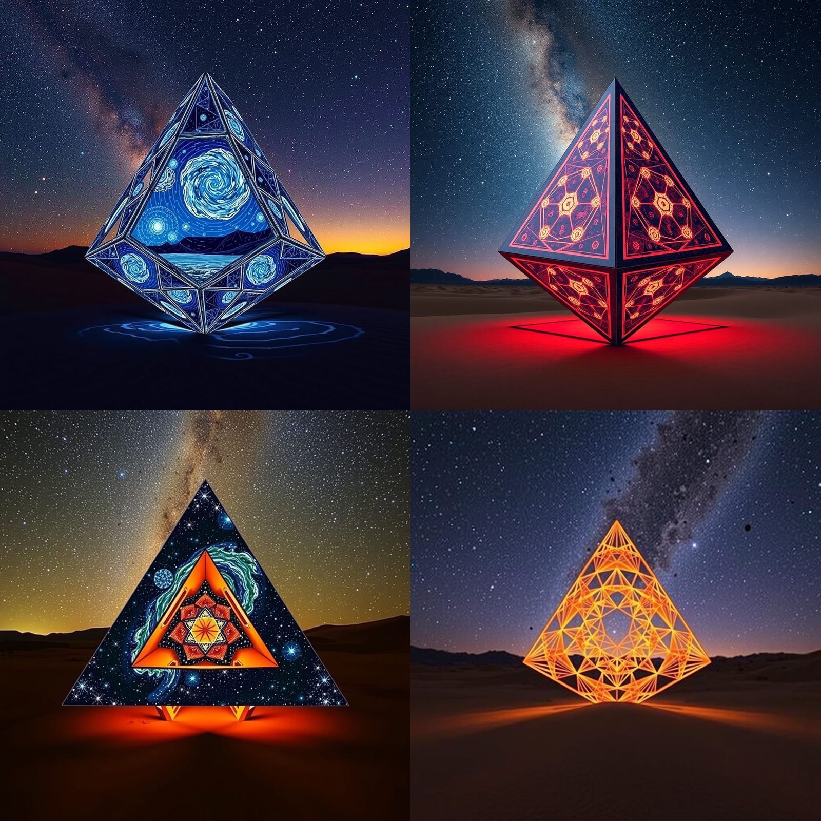 Surreal Fibonacci Tetrahedron in Starry Desert Sky