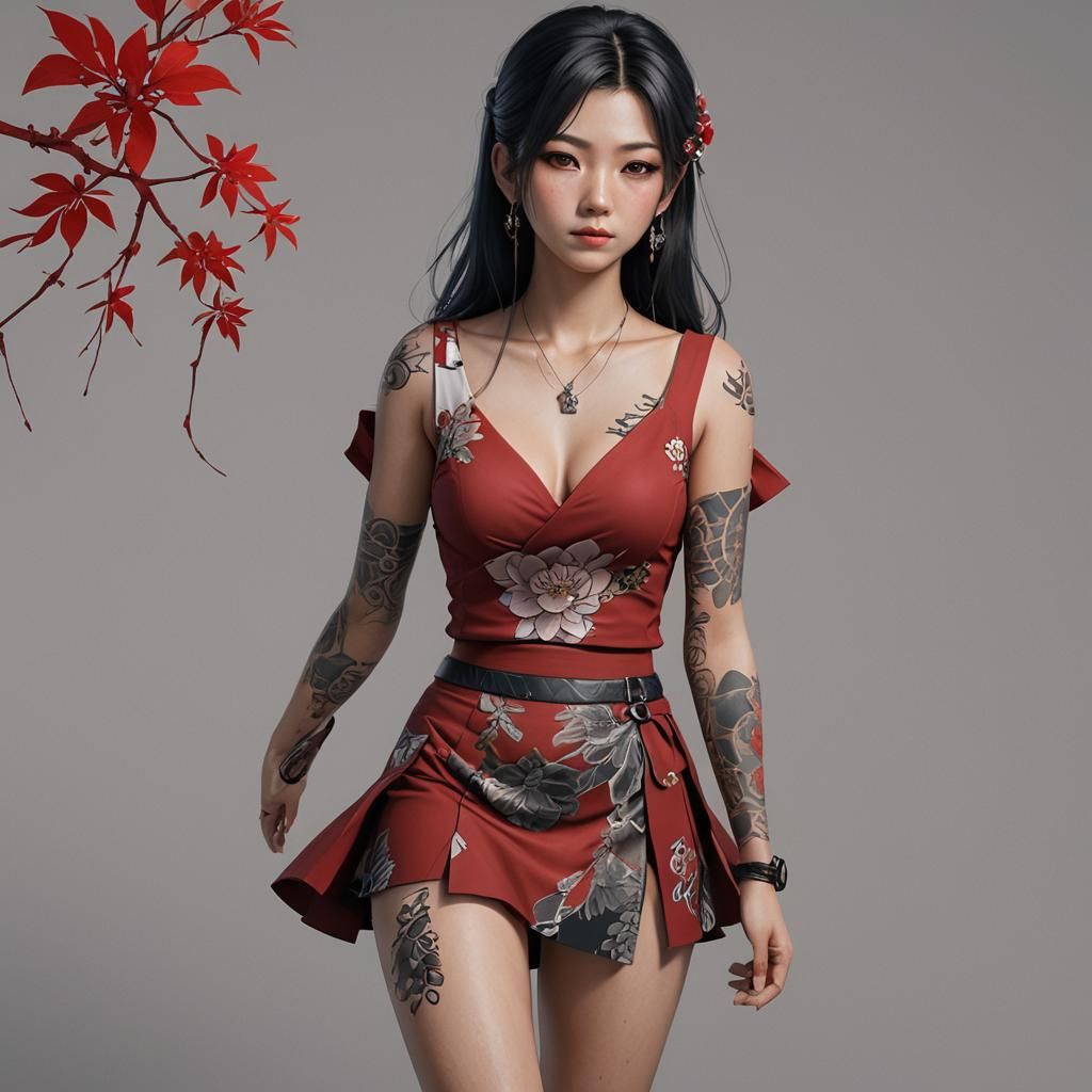 Anime Style Japan Lady with Red Skirt Tattoo