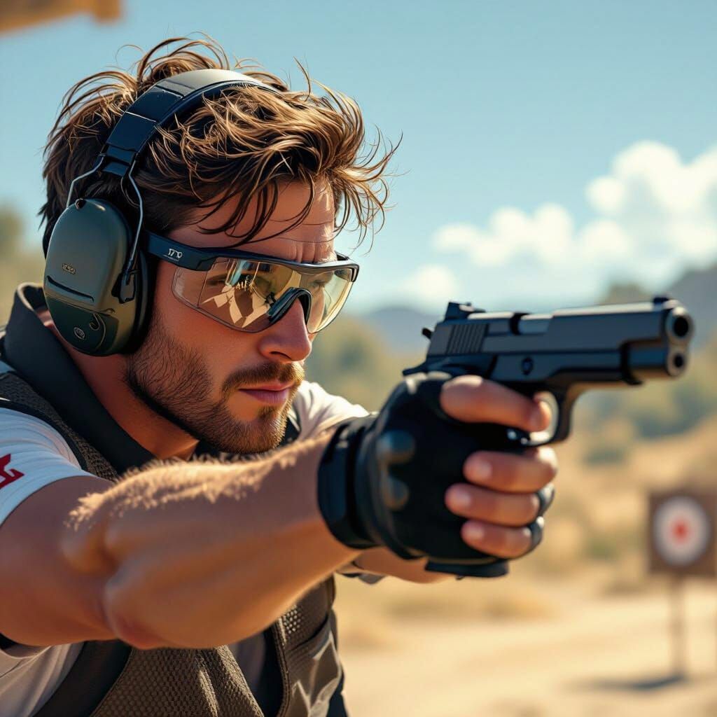 Pistol Shooter on Outdoor Range in Atmospheric Style