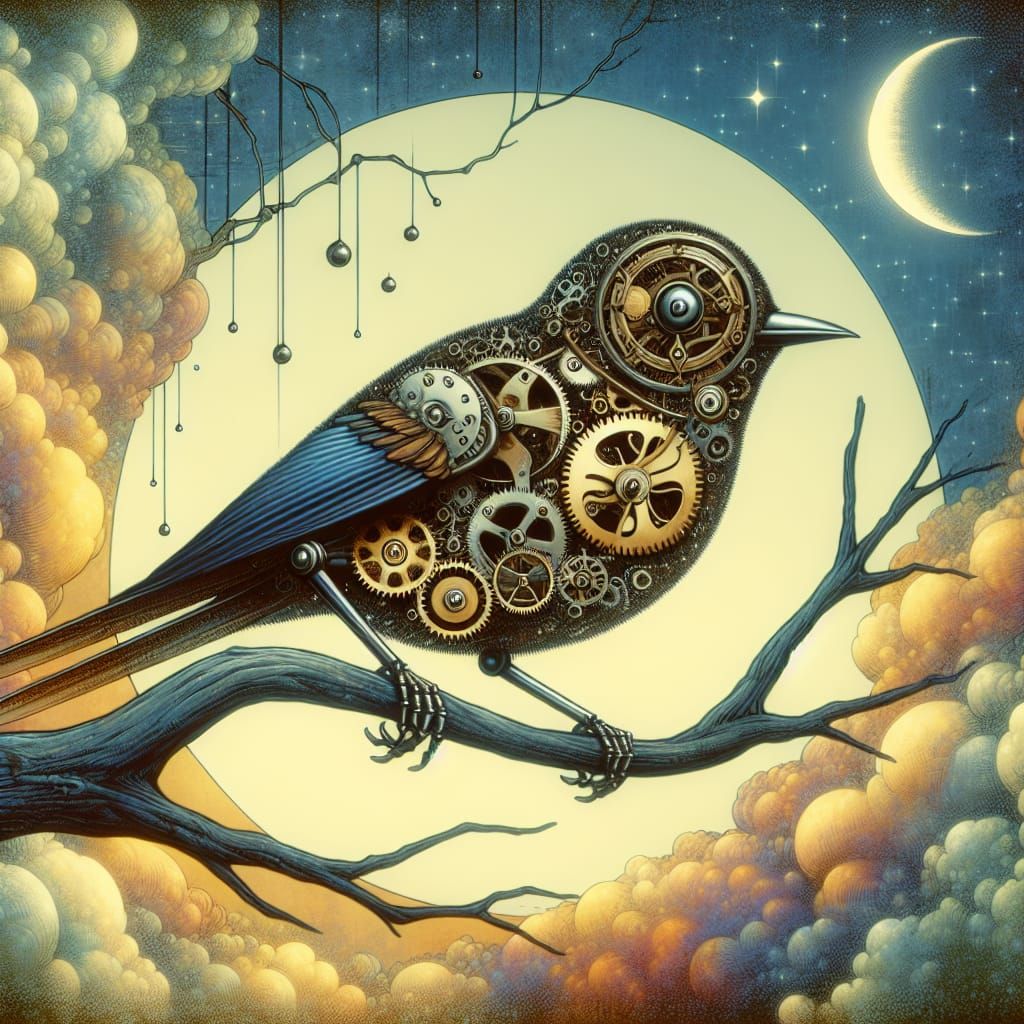 Surreal Clockwork Bird Takes Flight in a Fantastical Landsca...