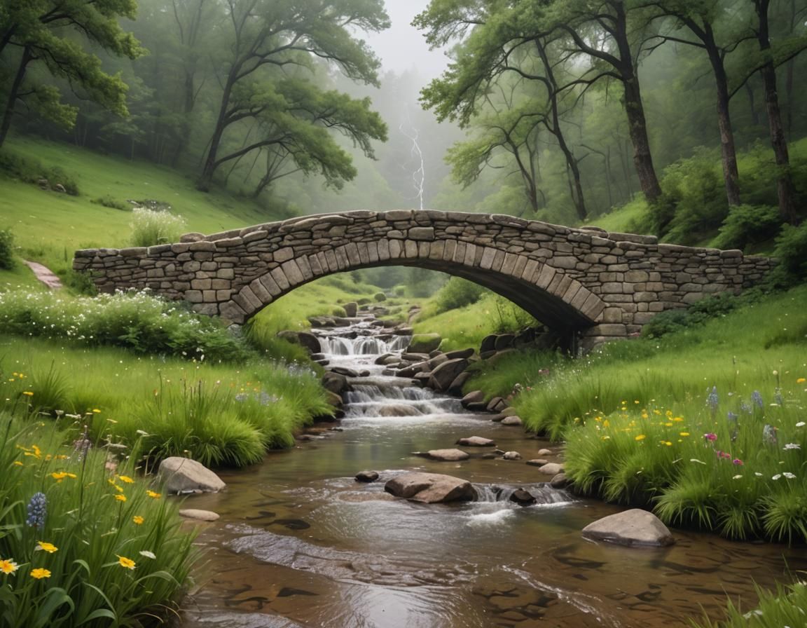 Stone Bridge Over Creek in Rainy Meadow