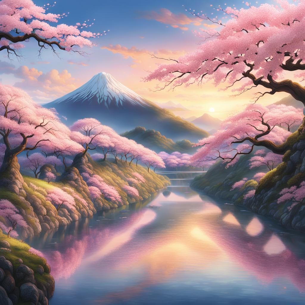 Serene Japanese Landscape with Cherry Blossoms