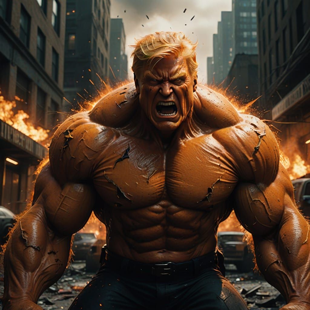 President Trump as a Muscular Orange Hulk in a Ruined Citysc...