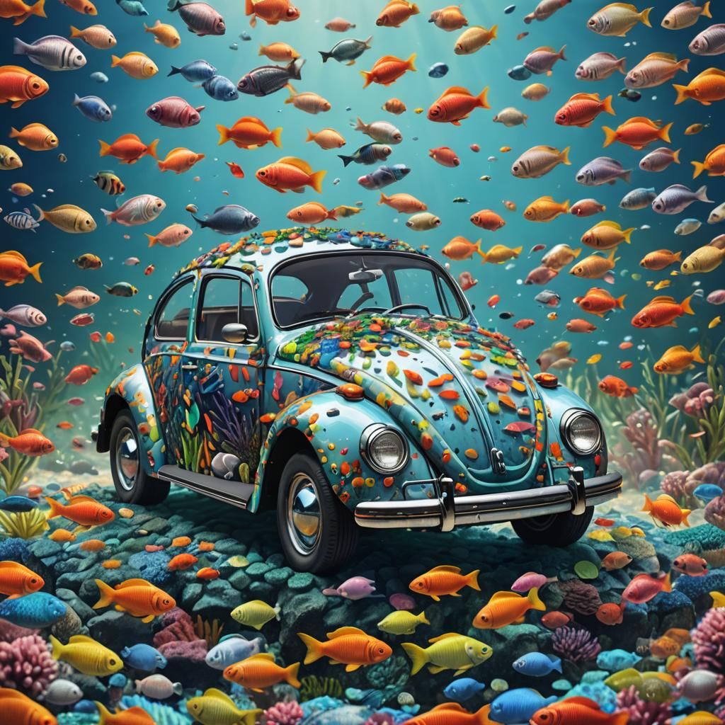 Beetle-Shaped Aquarium with Colorful Fish