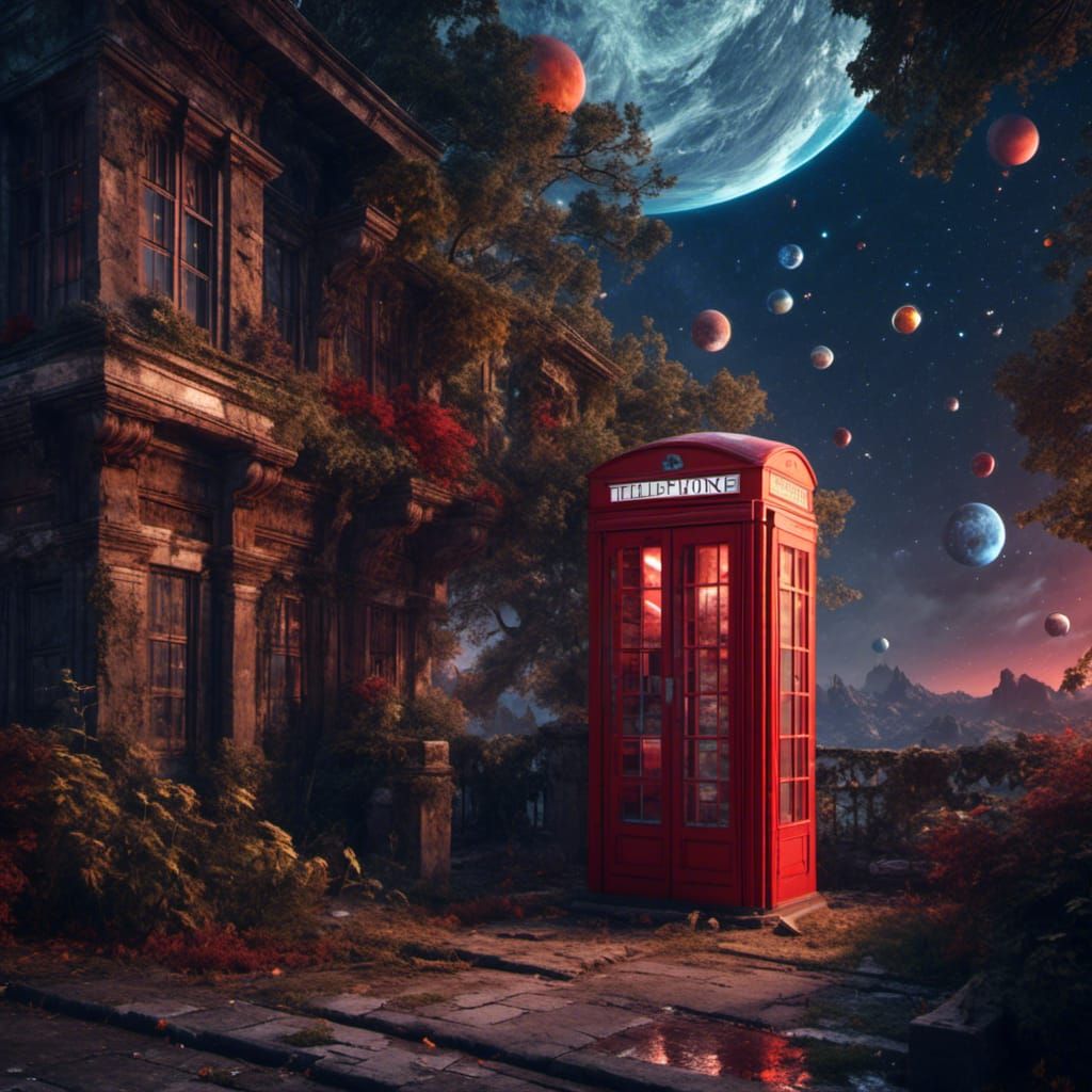 Red Telephone Box in Space: Digital Art