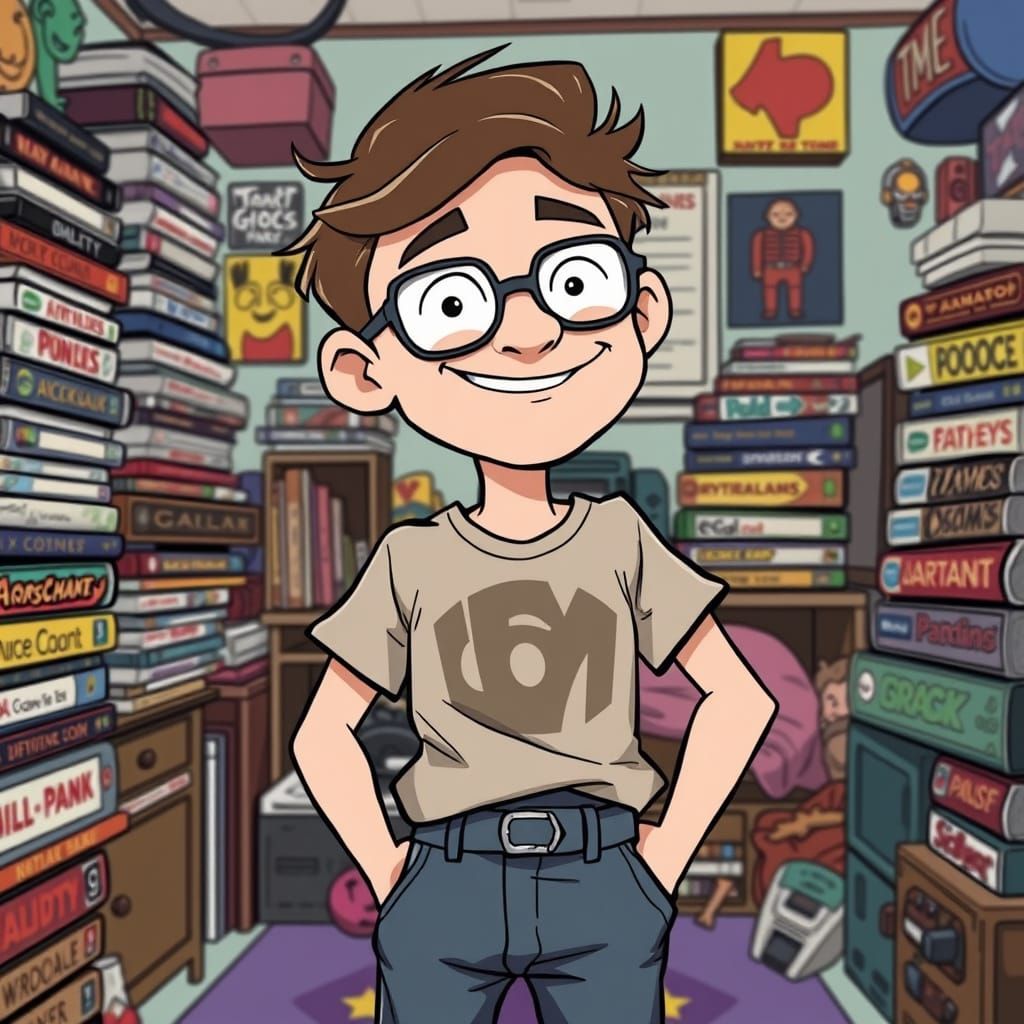 Nerdy Guy in Whimsical Comic Book Paradise