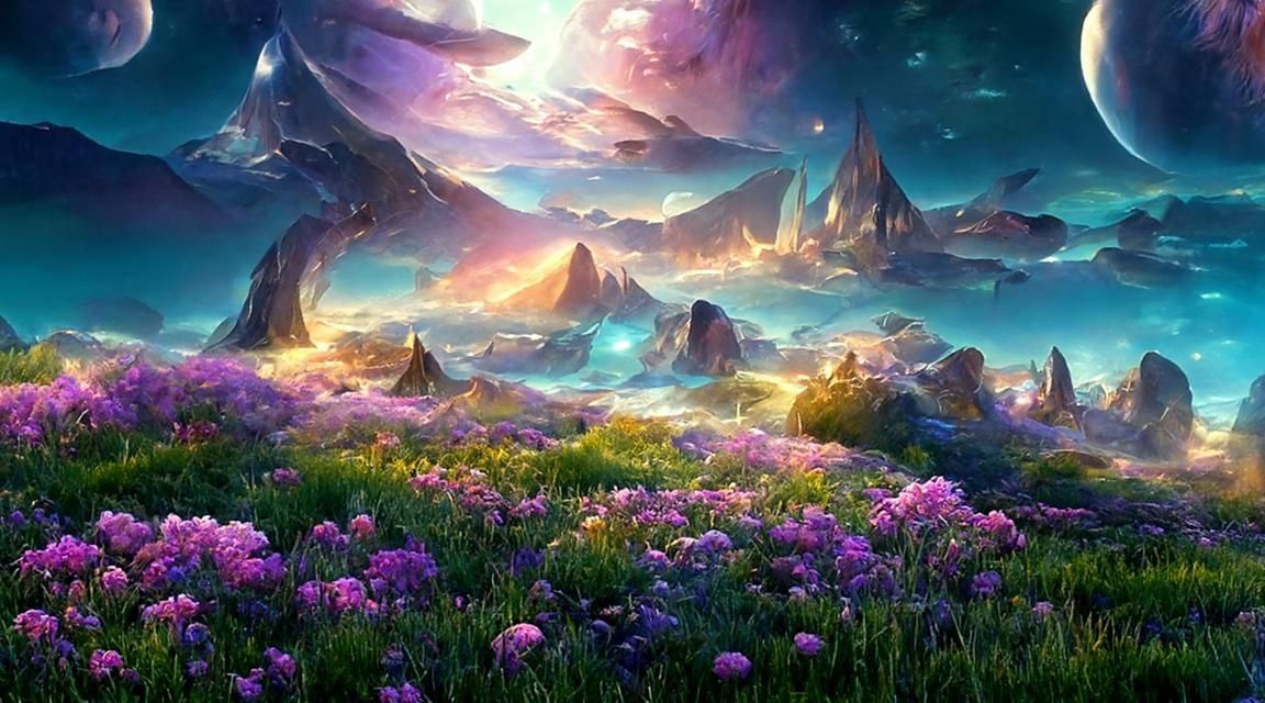 Iridescent Fantasy Landscape with Luminous Moons