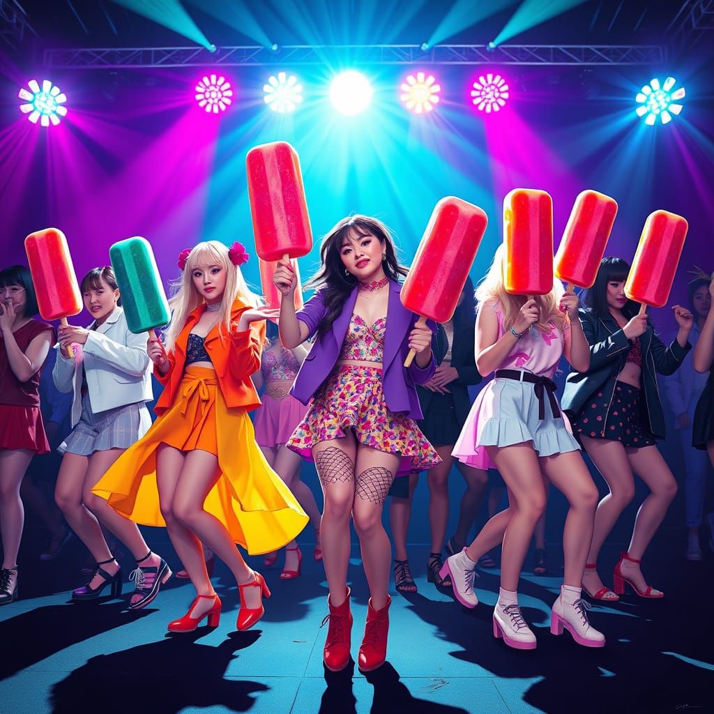K-Pop Stars Dance with Popsicles in Pop Art Style