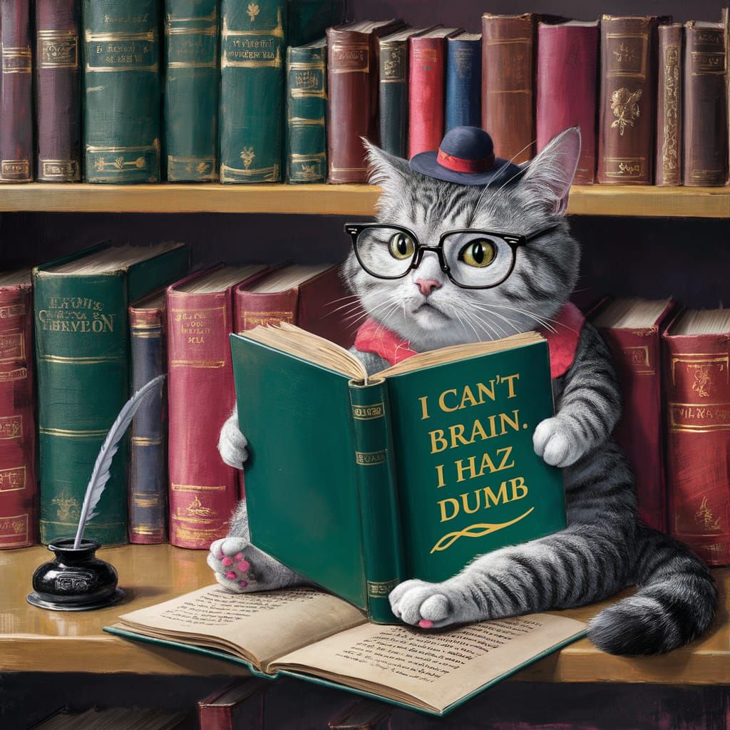 Whimsical Cat on Bookshelf Reading Humorous Book