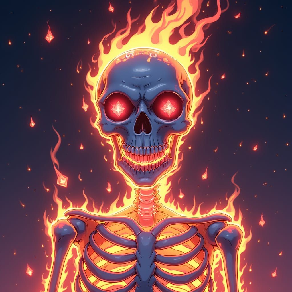 Alien Skeleton On Fire With Diamond Necklace, Manga Style