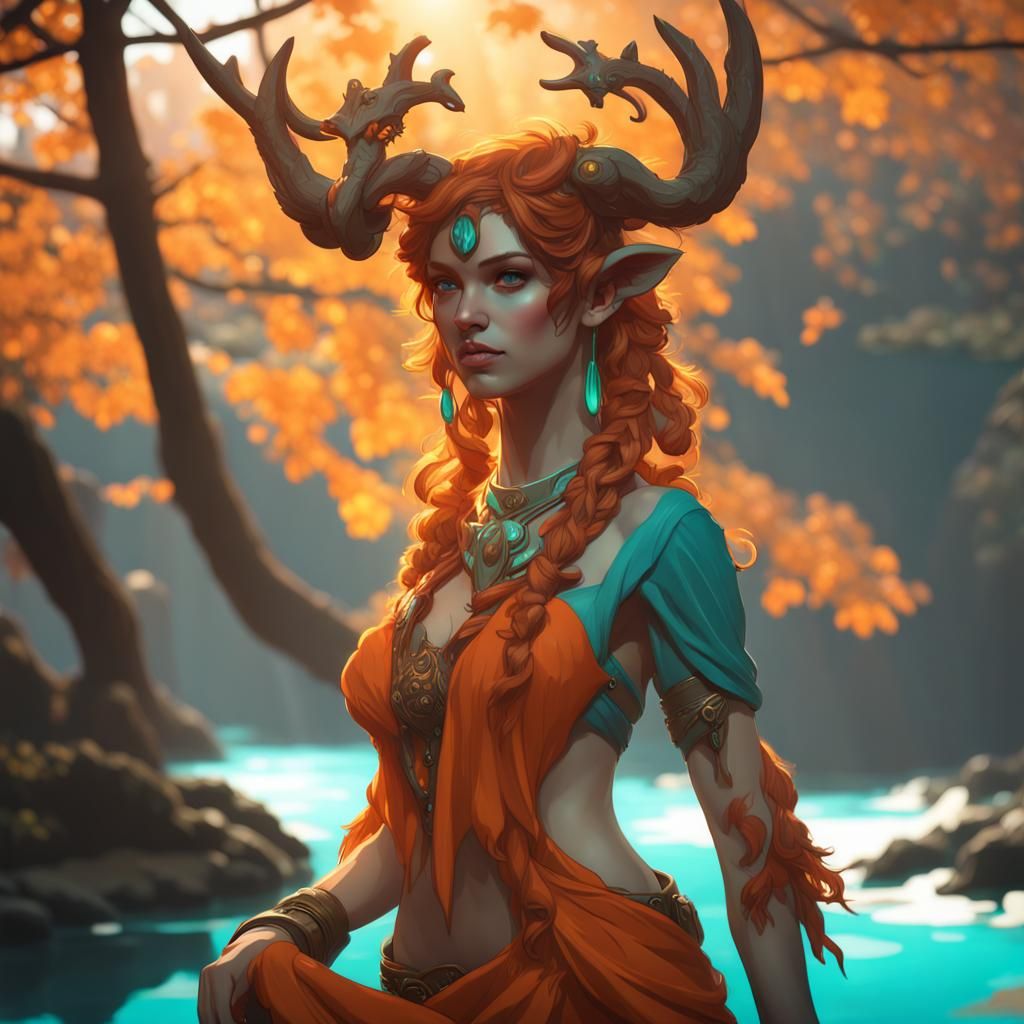 Detailed Female Faun Concept Art in Art Nouveau Style