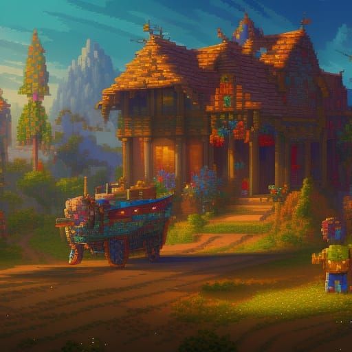 Pixel Art Wagon in Detailed Matte Painting