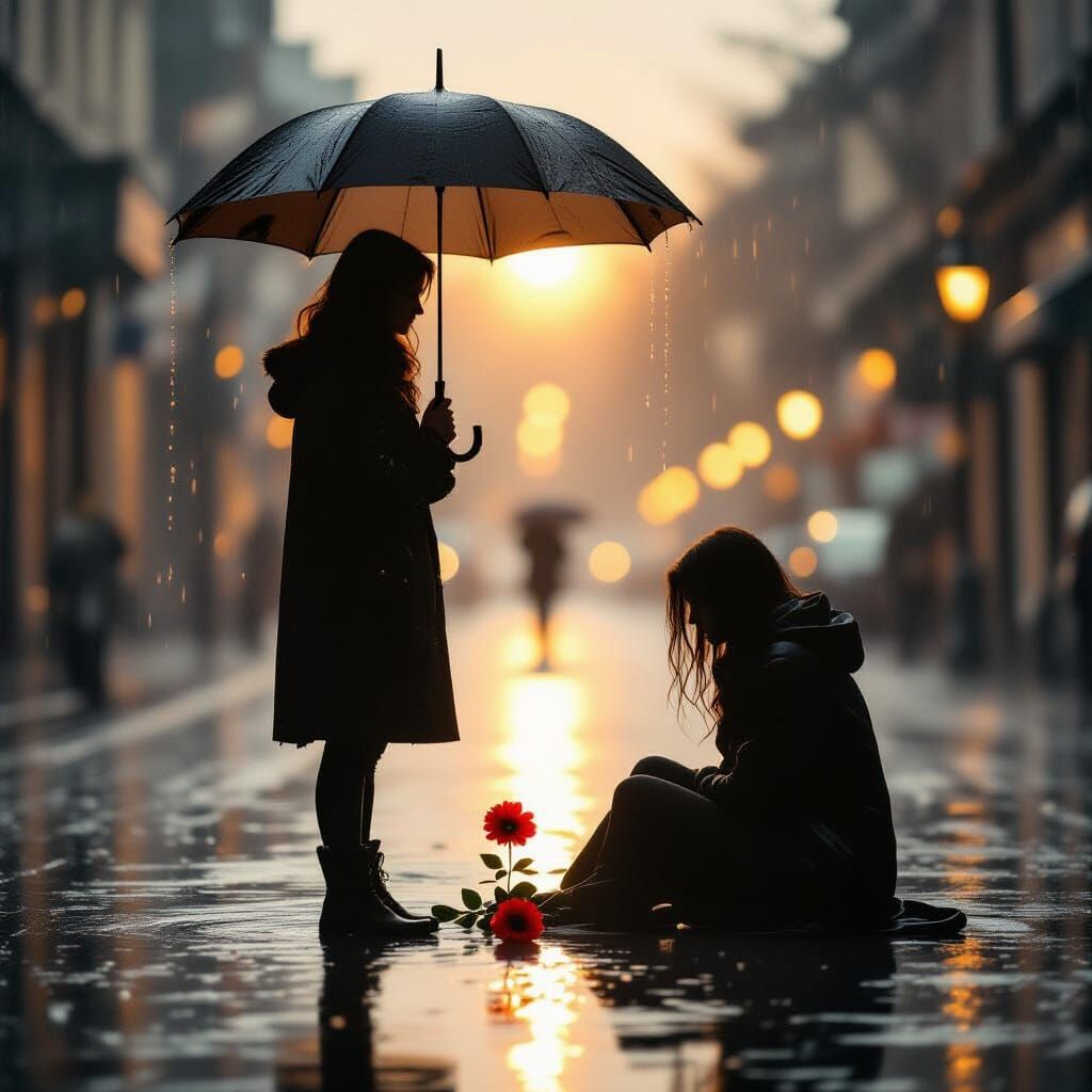 Cinematic Photo: Connection in the Rain with Golden Light
