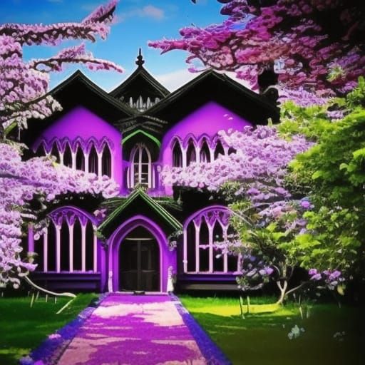 Ethereal vibrant purple Gothic house with very beautiful Gothic windows& Cherry blossom trees& Blue rose bushes& lavende...