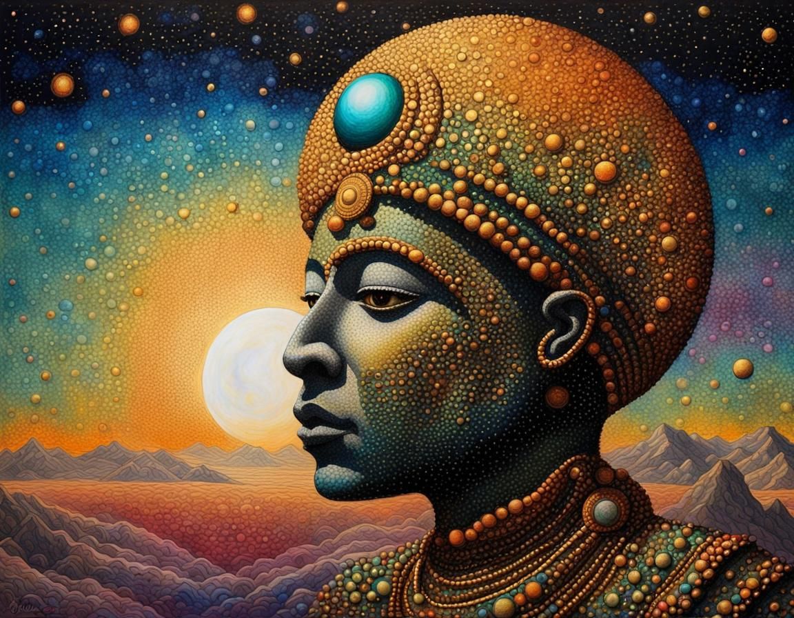 Anunnaki Deity in Moonscape: Pointillism Alcohol Ink Art