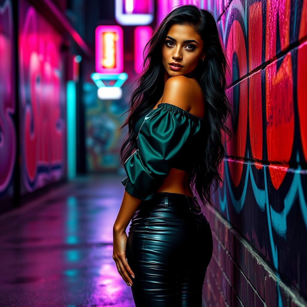Confident Young Latina Woman in Neon-Lit Urban Street