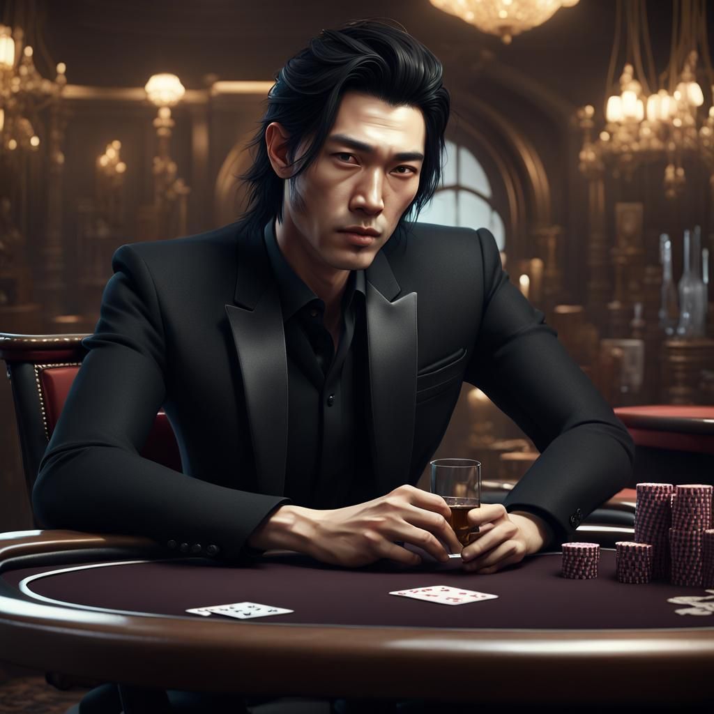 Korean Man in Black Suit at Poker Table