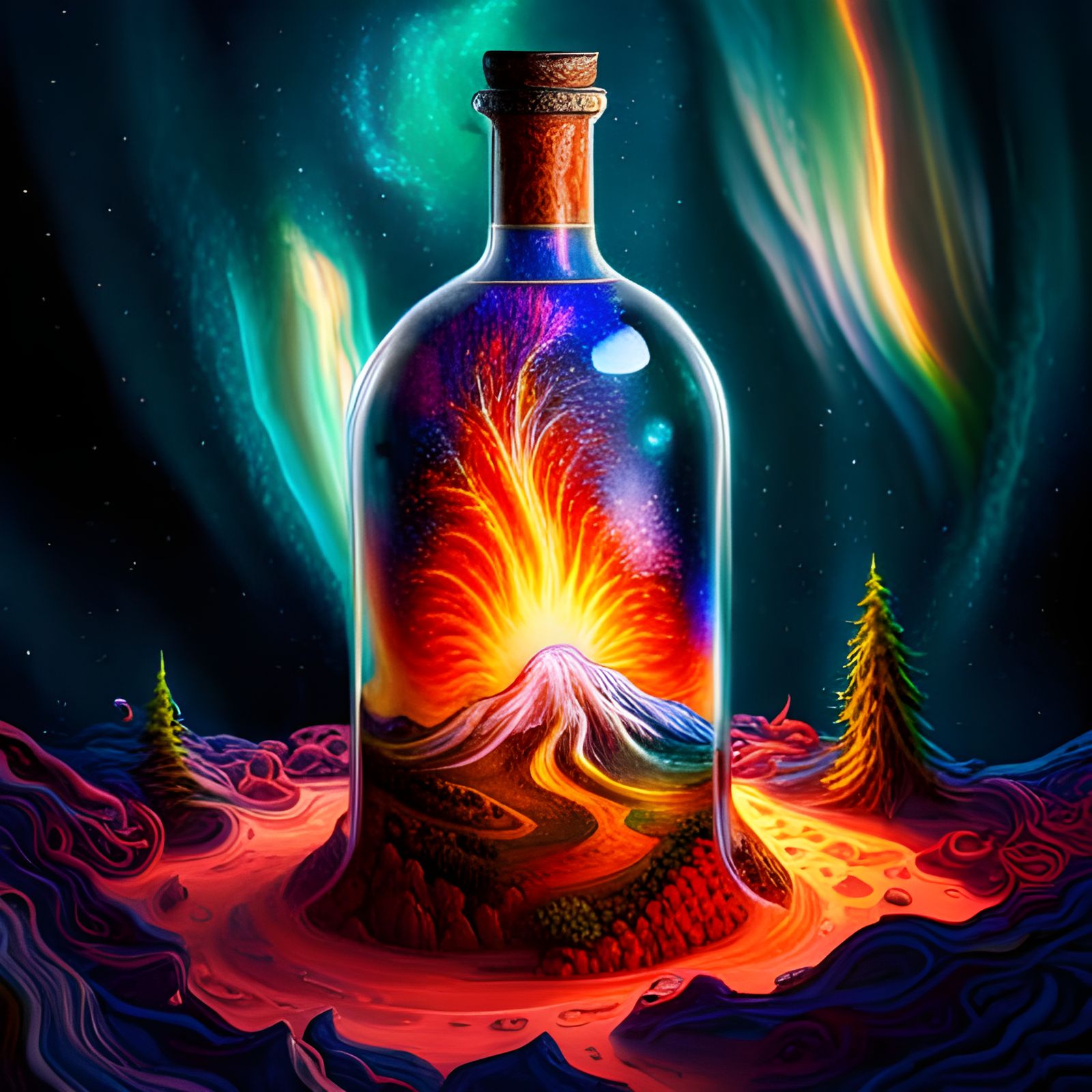 Enchanted Volcano in a Bottle Under Starry Sky