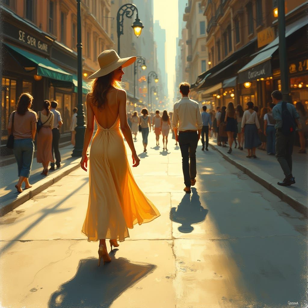 Elegant Woman Walks City Street in Impressionistic Style