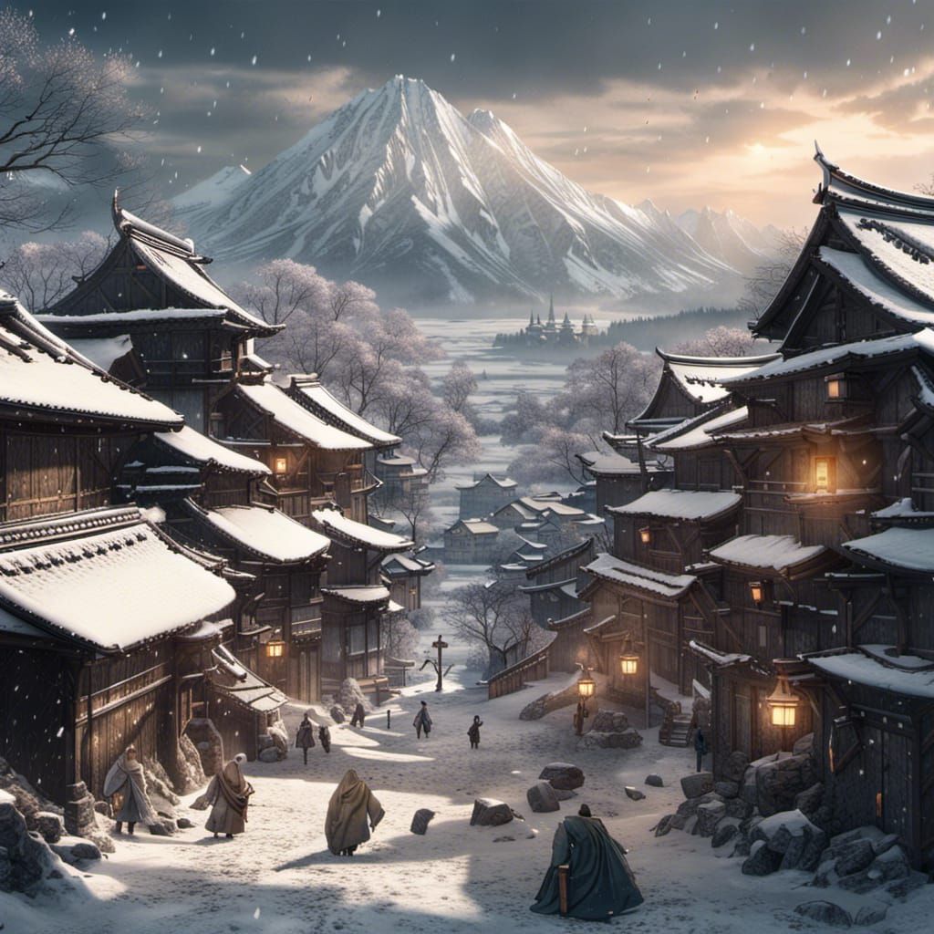 Fantasy Medieval Japan: Snowy Village Scene