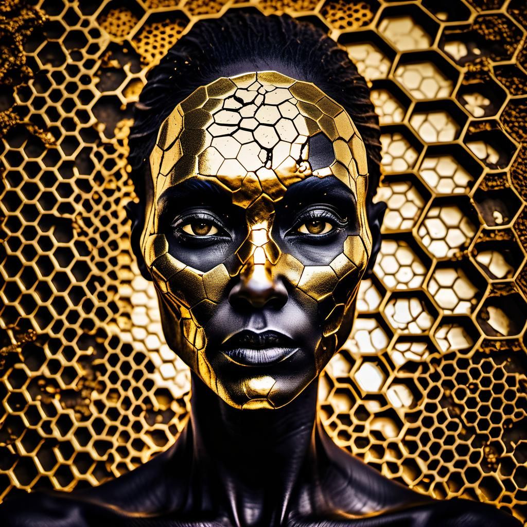 Cracked Gold Alien Honeycomb Girl in Ancient Art Style