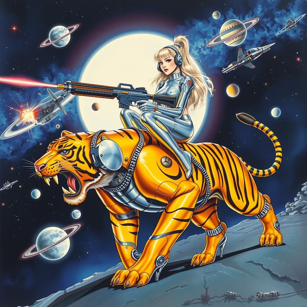Cyberpunk Female Rides Robotic Tiger in Space