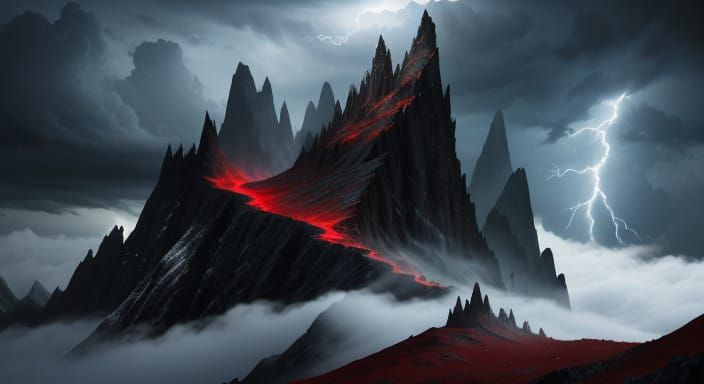 Sad Red Dragon on Mountain Amidst Stormy Sky