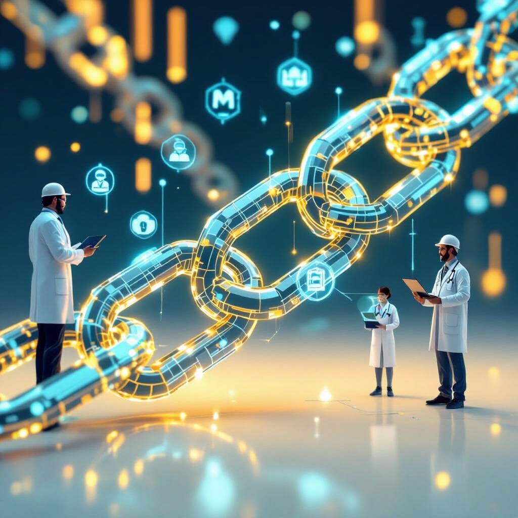 Futuristic Blockchain Connecting Industries in Neon Blue and...