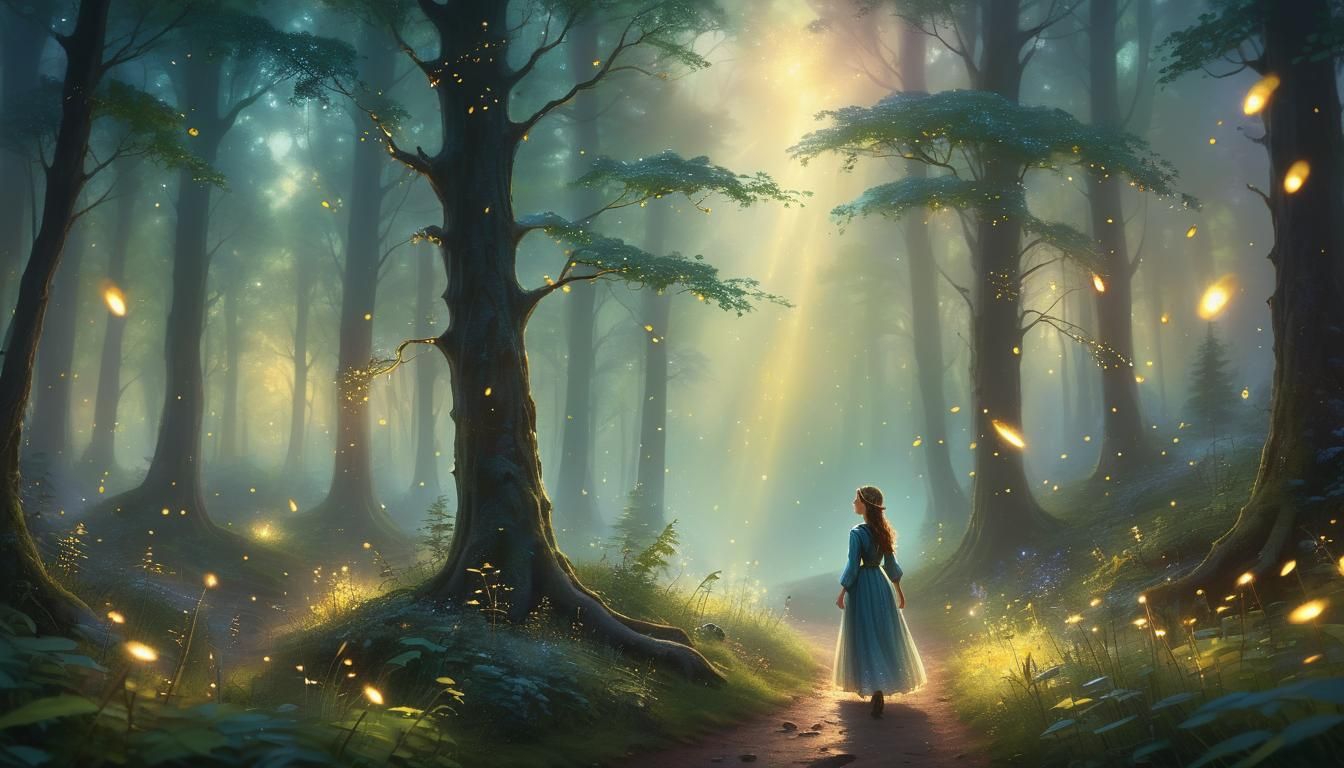 Ethereal Forest Scene with Traveler in Impressionist Style