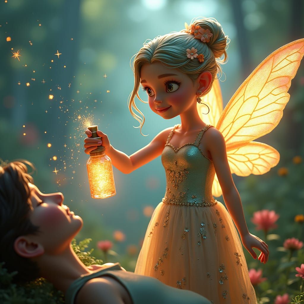 Fairy Heals with Magic Spray in Futuristic Fantasy Style