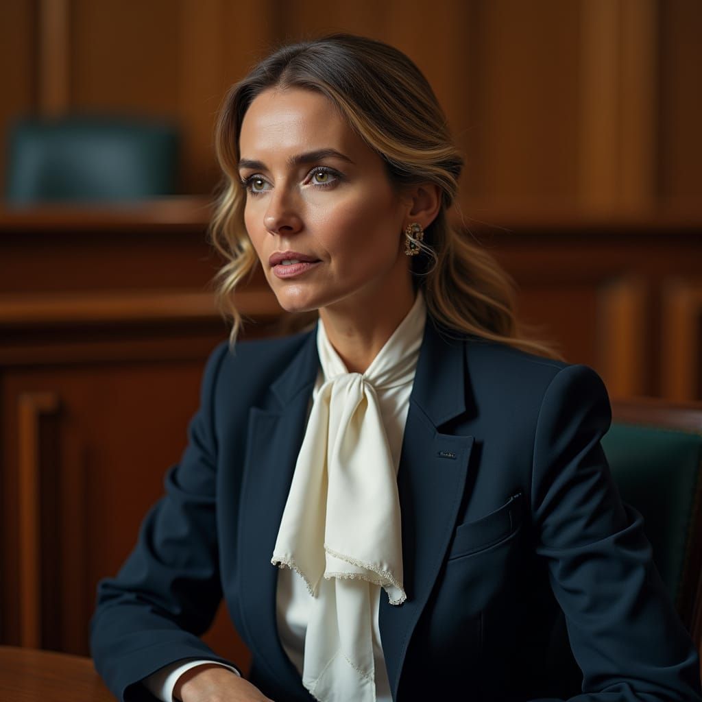 Stern Female Judge Portrait in Courtroom