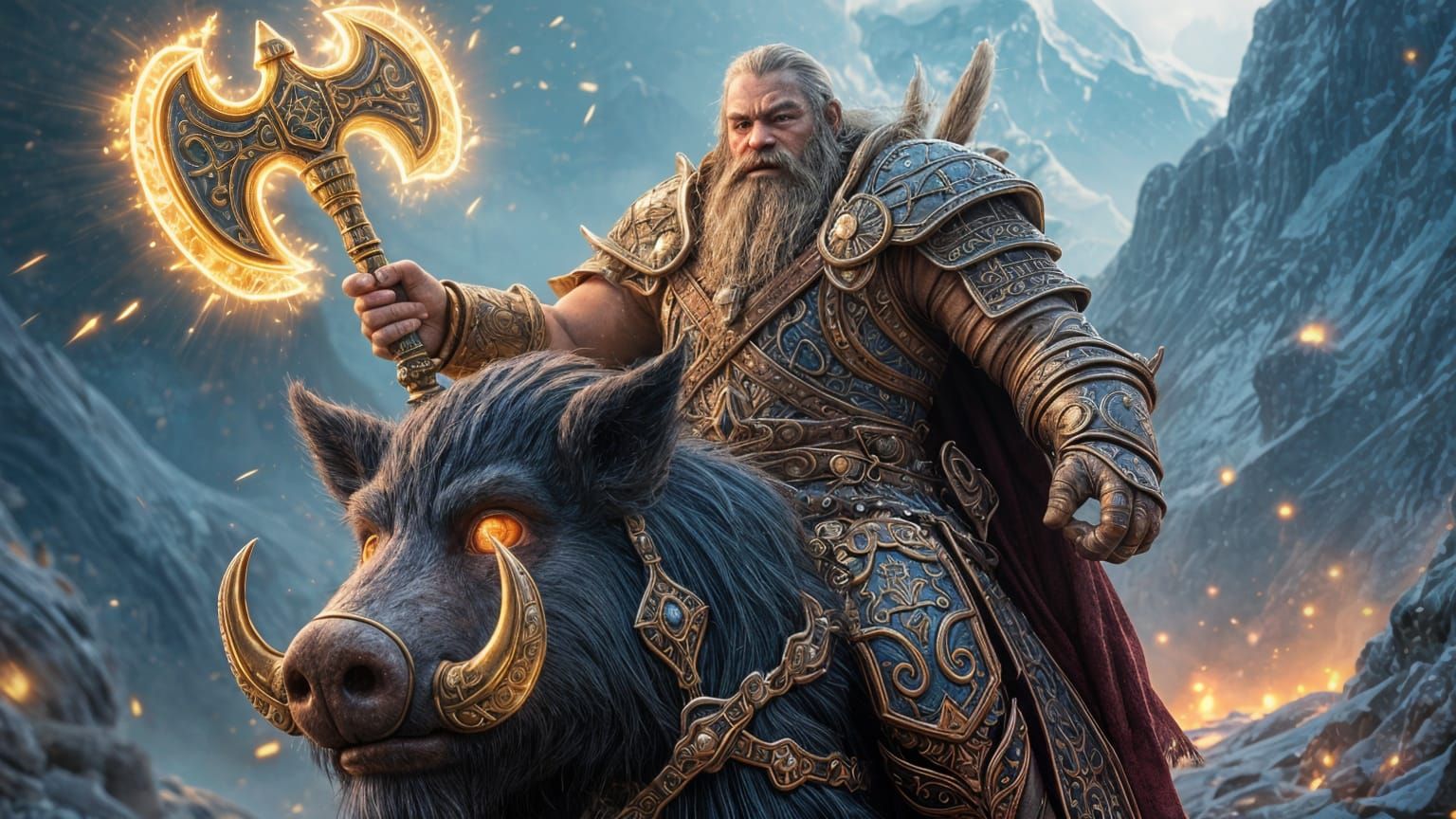 Mystical Dwarf in Radiant Armor Rides Majestic Boar Through...