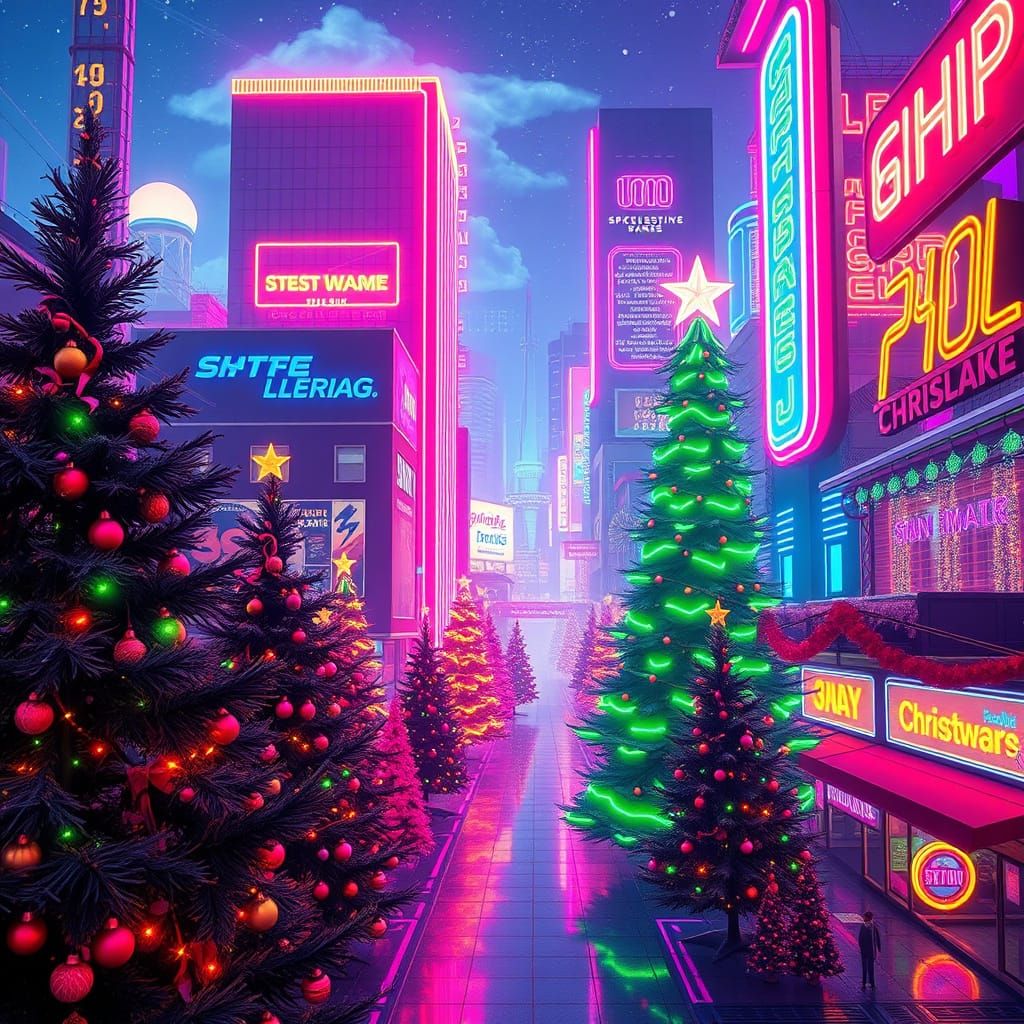 Synthwave Christmas in a Neon Retro Cityscape