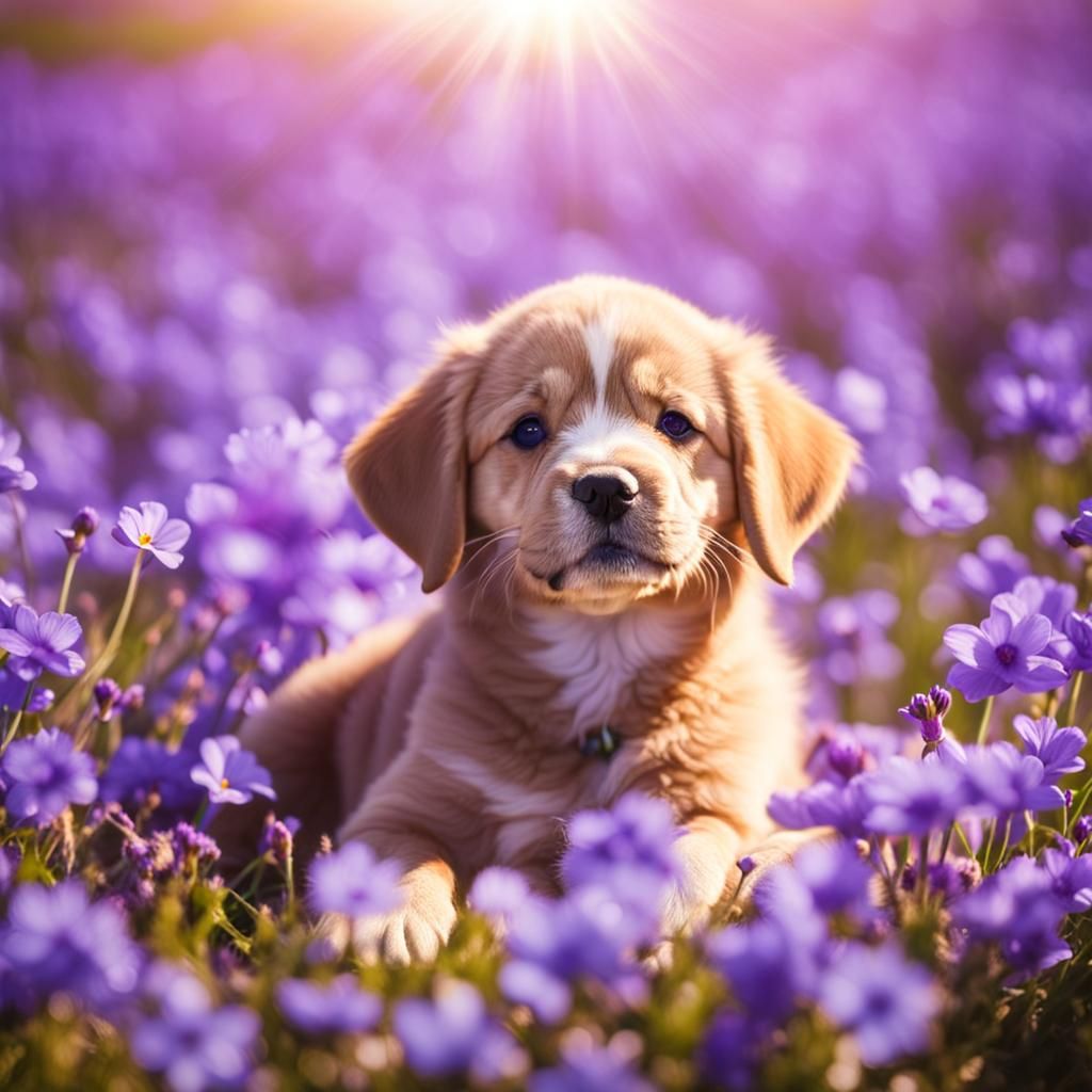 Puppy in Violet Flower Field