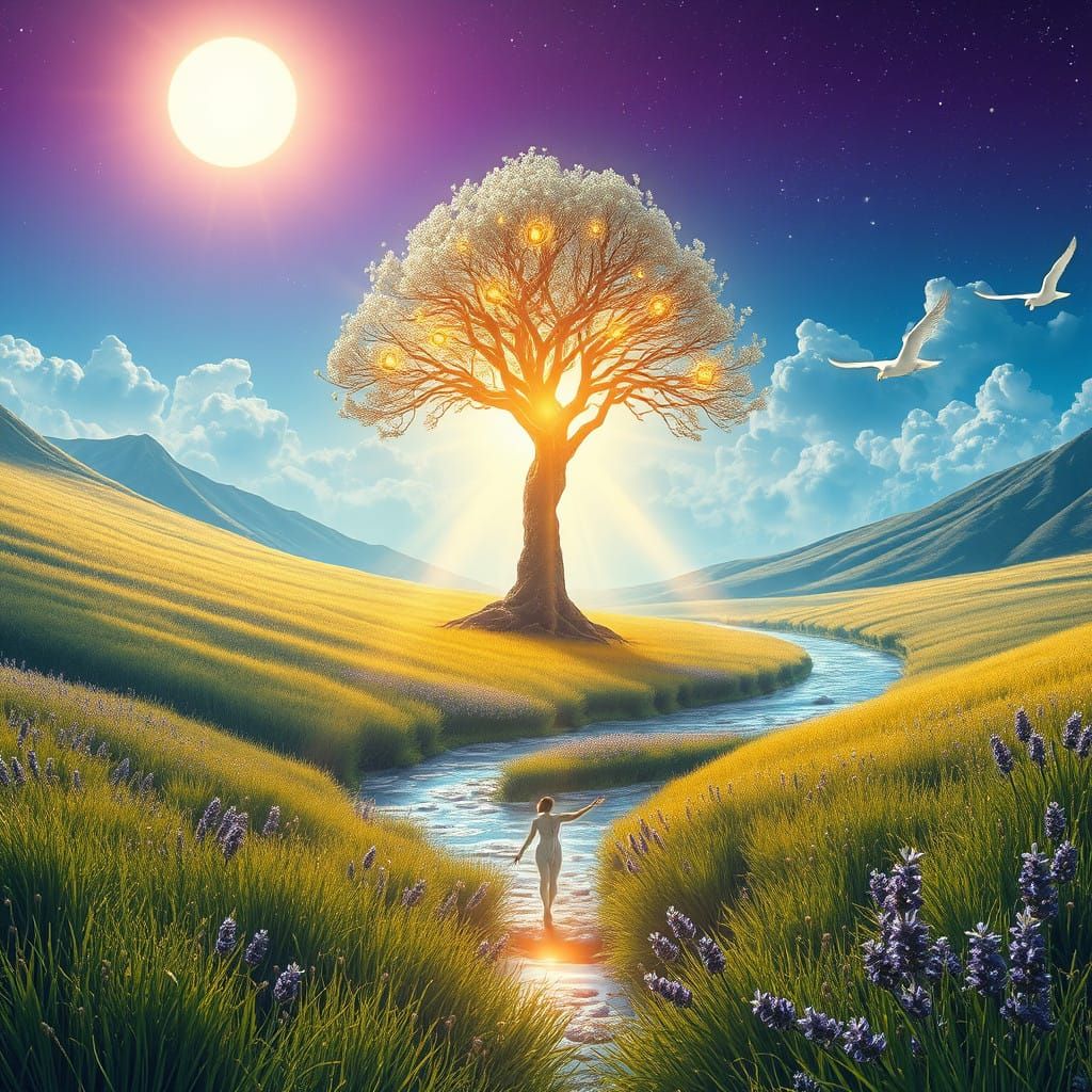 Surreal Dreamscape with Shimmering Violet Skies and Towering...