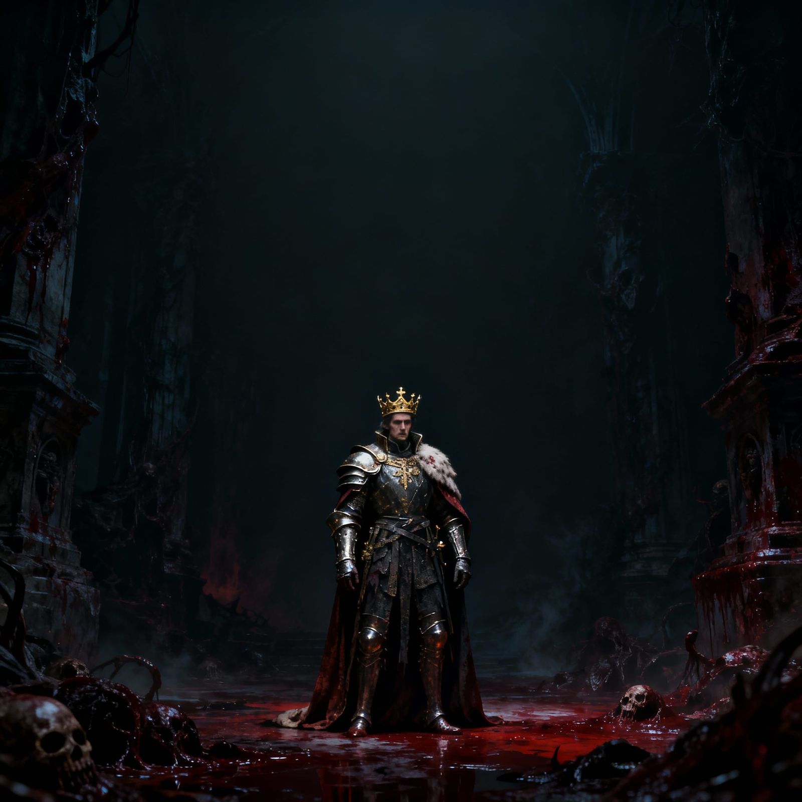 Regal King in Blood-Soaked Gothic Fantasy Realm