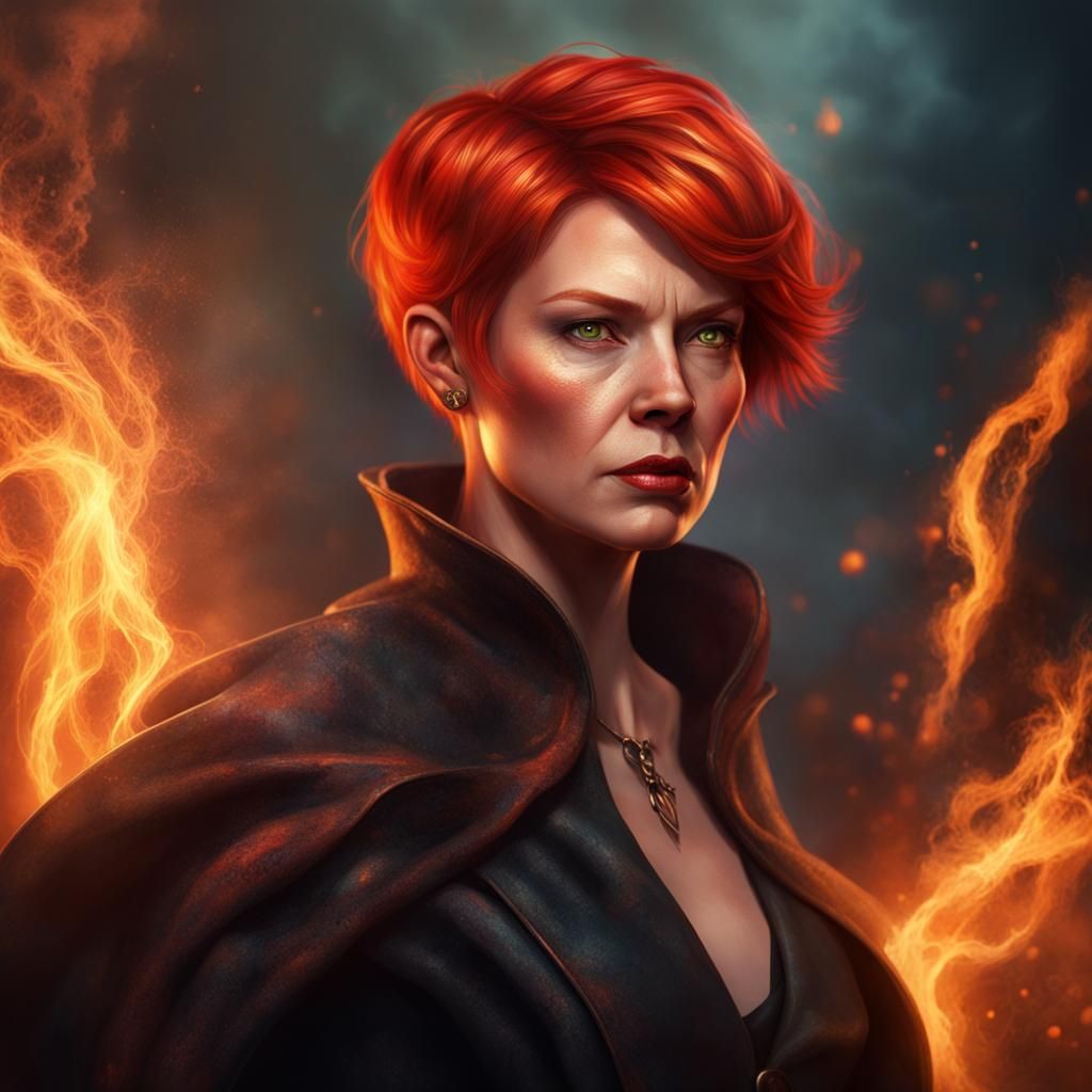 Fiery Red-Haired Witch in Hyperrealistic Splash Art