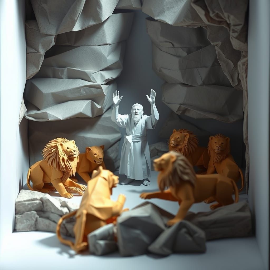 Origami Daniel in the Lions' Den: A Serene Biblical Scene